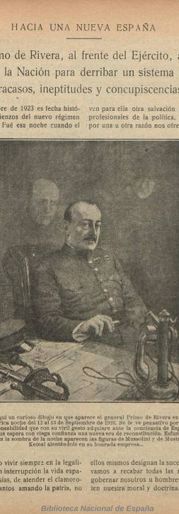 Imagen de un artículo histórico con el título 'Hacia una nueva España', que muestra al general Miguel Primo de Rivera sentado al frente del Ejército, rodeado de otros oficiales, en un contexto político del siglo XX.